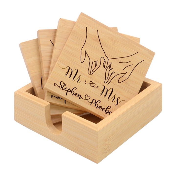 Personalized Wedding Hand Line Art Any Text Name Bamboo Coaster Set Bamboo Coaster Set