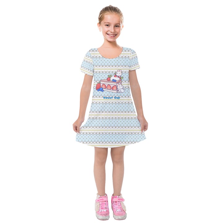 Personalized Any Text Lace Pattern With Rabbit Cake Kids  Short Sleeve Velvet Dress
