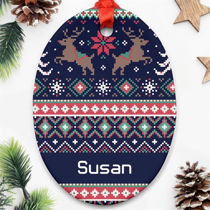 Christmas Blue knitted pattern Ornament (Oval)