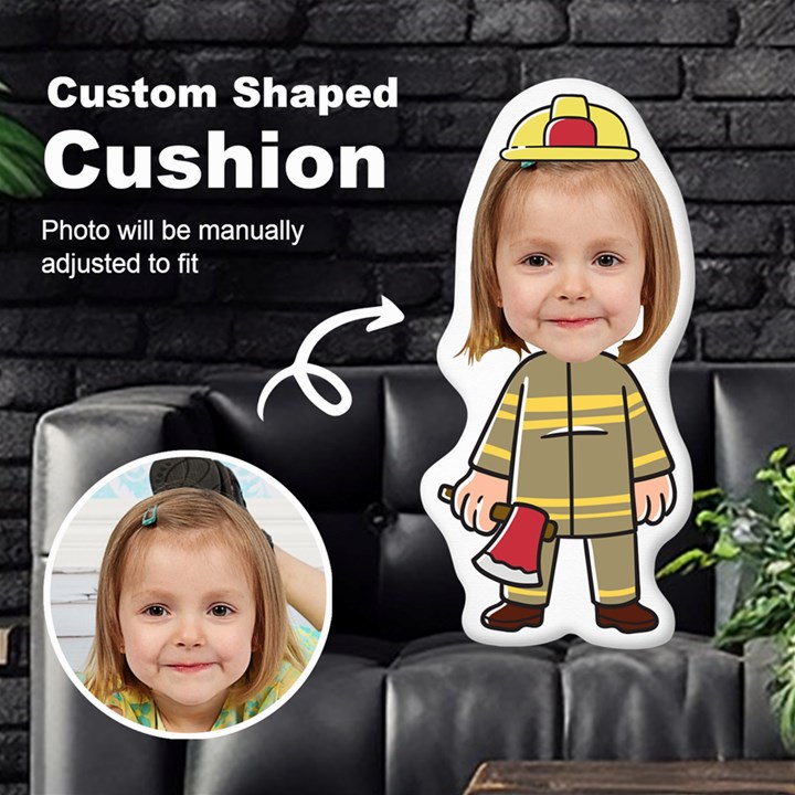 Personalized Photo in Firefighter Firemen Cartoon Style Custom Shaped Cushion Cut To Shape Cushion Case
