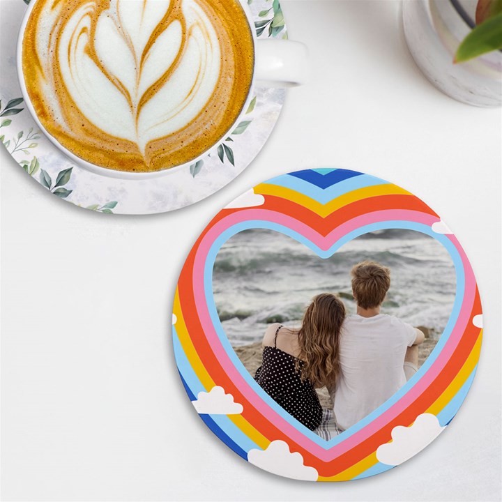 Personalized Rainbow Heart Name Photo Round Tile Coaster UV Print Round Tile Coaster