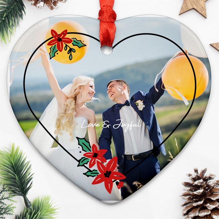 Personalized Poinsettia Frame Photo Name Heart Ornament (Two Sides) Heart Ornament (Two Sides)
