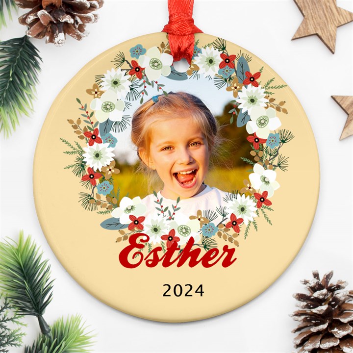 Personalized Christmas Wreath Name Any Text Photo Round Ornament Round Ornament (Two Sides)
