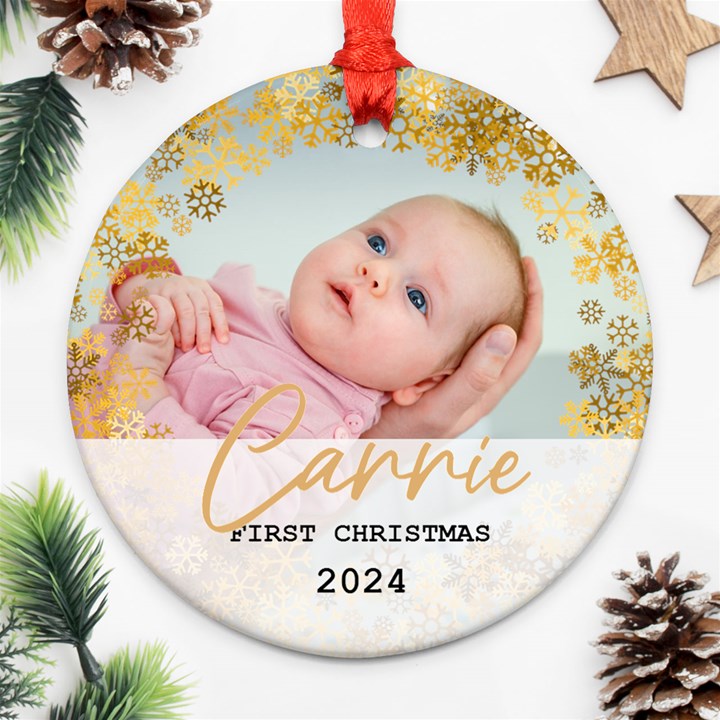 Personalized New Born Baby First Christmas Name Any Text Photo Round Ornament Round Ornament (Two Sides)
