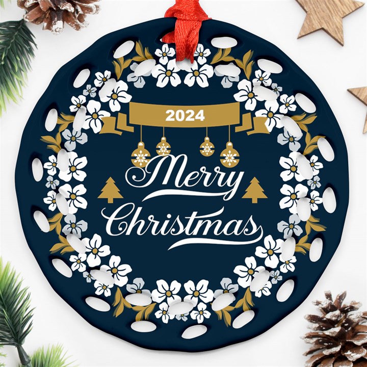 Personalized Merry Christmas Name Any Text Round Filigree Ornament Round Filigree Ornament (Two Sides)