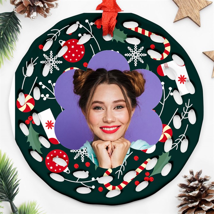 Personalized Merry Christmas Photo Name Any Text Round Filigree Ornament Round Filigree Ornament (Two Sides)