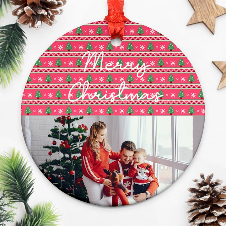 Personalized Photo Any Text Christmas Knitted Style Round Ornament Round Ornament (Two Sides)