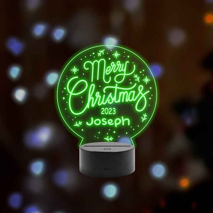 Personalized Merry Christmas Name Remote LED Acrylic Message Display (Black Round Stand) 