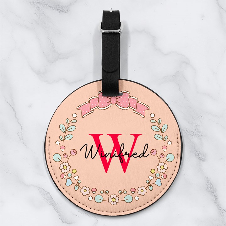 Custom Initial Name Ribbon Frame Nappa Leather Luggage Tag Round